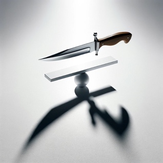 A white image with a steel knife in the middle