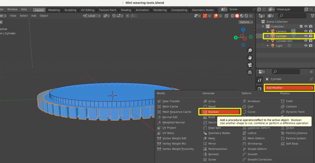 Screenshot in Blender of 'Add Modifier' menu open to select the 'Boolean' modifier.