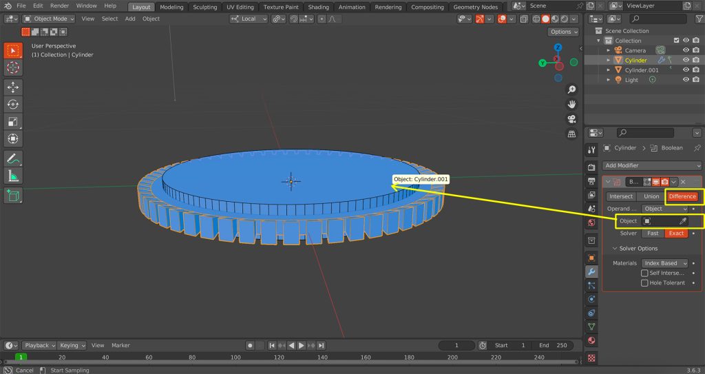 Screenshot in Blender of Boolean modifier configured with 'Difference' operation and 'Cylinder.001' selected as the object.