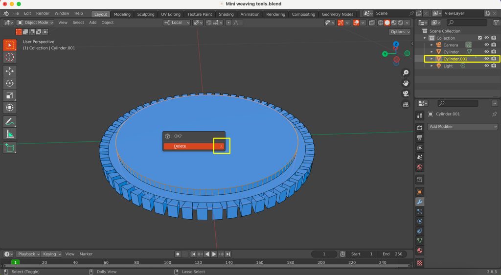 Screenshot in Blender of Cylinder.001 being selected for deletion after Boolean operation.