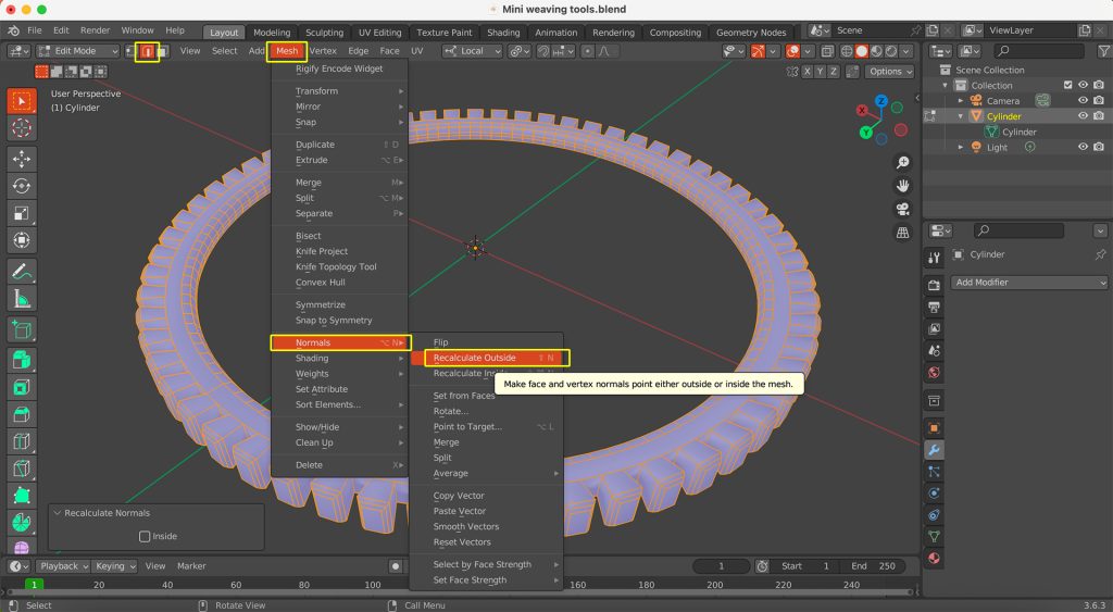 Screenshot in Blender of the 'Mesh' dropdown menu being accessed to select 'Recalculate Outside'.