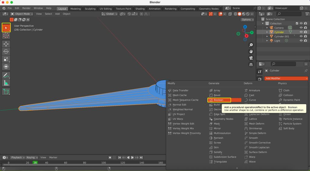 Screenshot in Blender of needle-shaped object being selected to modify with 'Boolean' tool.