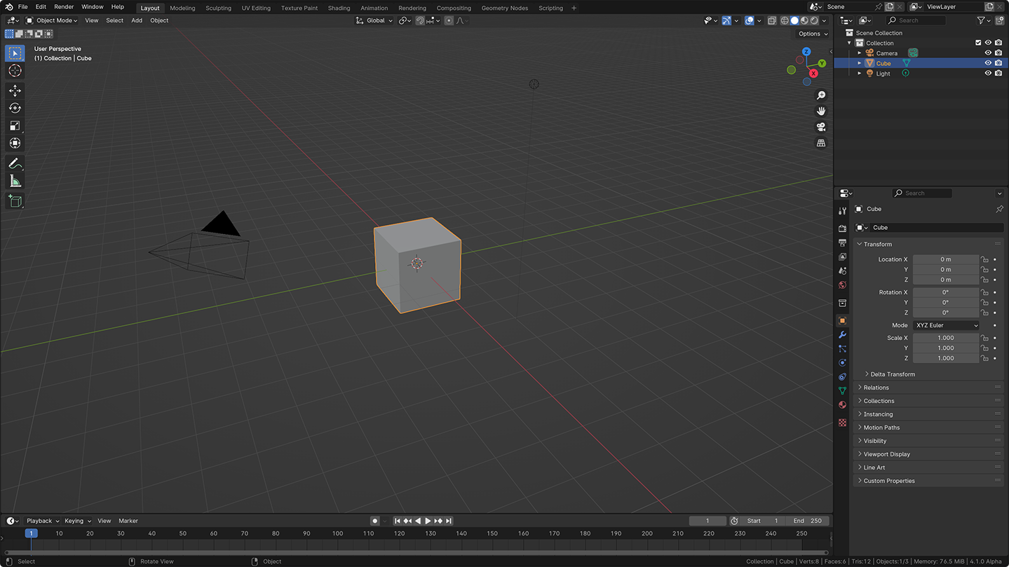 Screenshot in Blender displaying the basic layout. There is a 3D cube in the centre.
