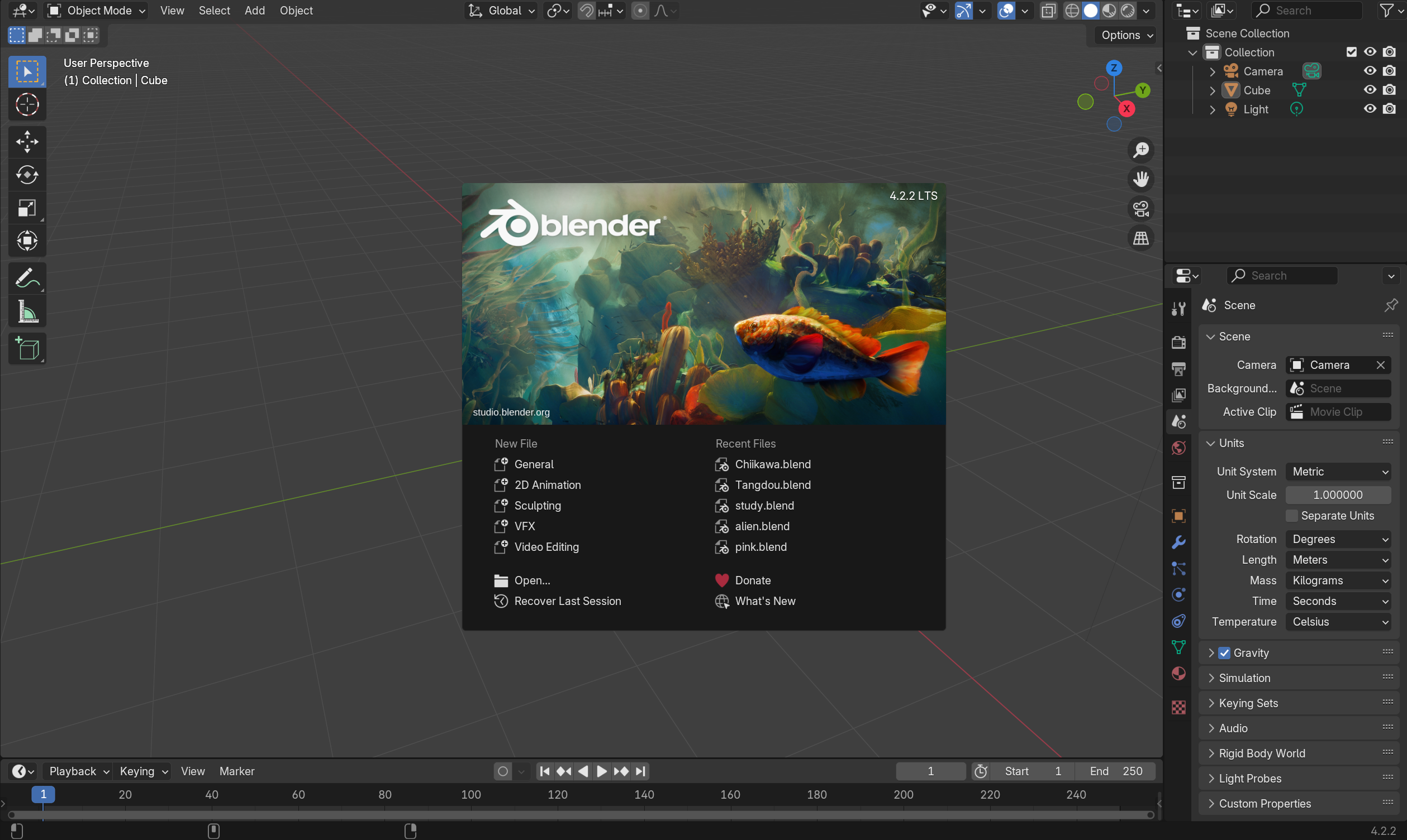 Screenshot in Blender of the program being opened initially.