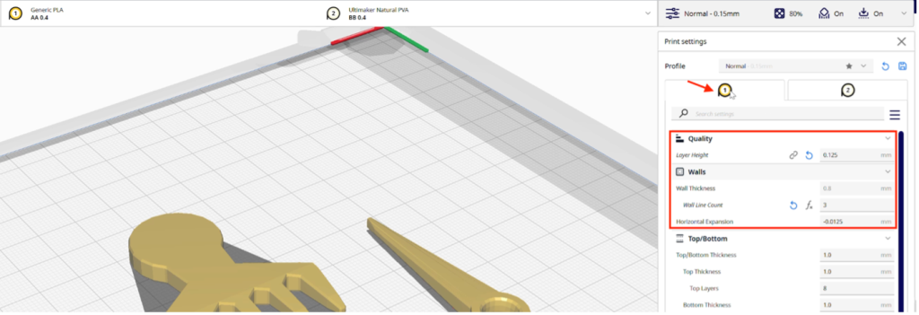 Screenshot in Ultimaker Cura of modified print settings.