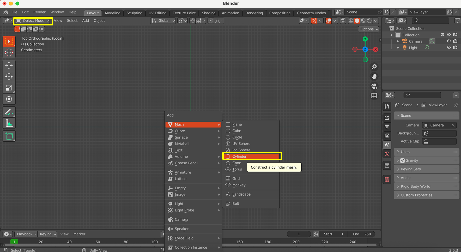 Screenshot in Blender of viewport for created cylinder.