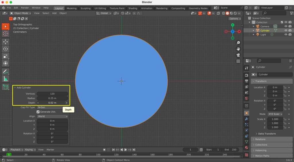 Screenshot in Blender of cylinder with dimensions adjusted to 0.25m (X/Y) and 0.02m (Z).