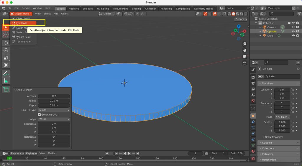 Screenshot of cylinder displayed in Blender's Edit Mode.