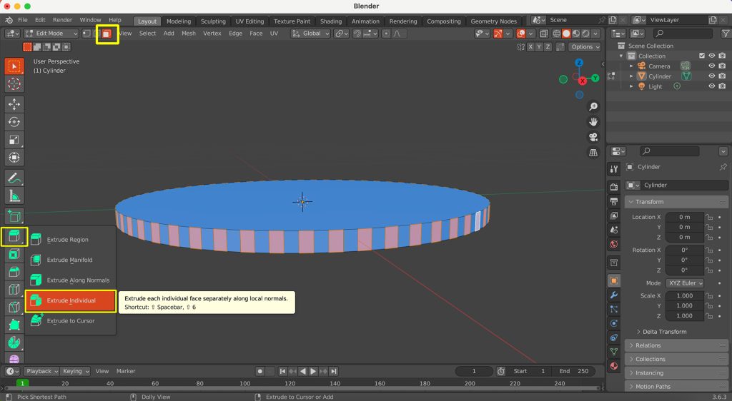 Screenshot in Blender of faces selected in an alternating pattern, with 'Extrude Individual' option highlighted.