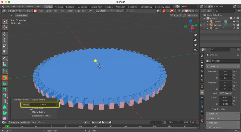 Screenshot in Blender of extrusion parameters being adjusted.
