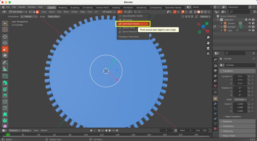 Screenshot in Blender of transforming Pivot Point to 'Individual Origins'.