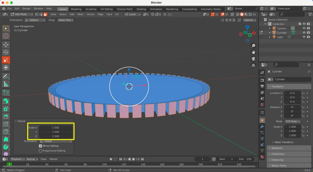 Screenshot in Blender of selected faces being scaled up.