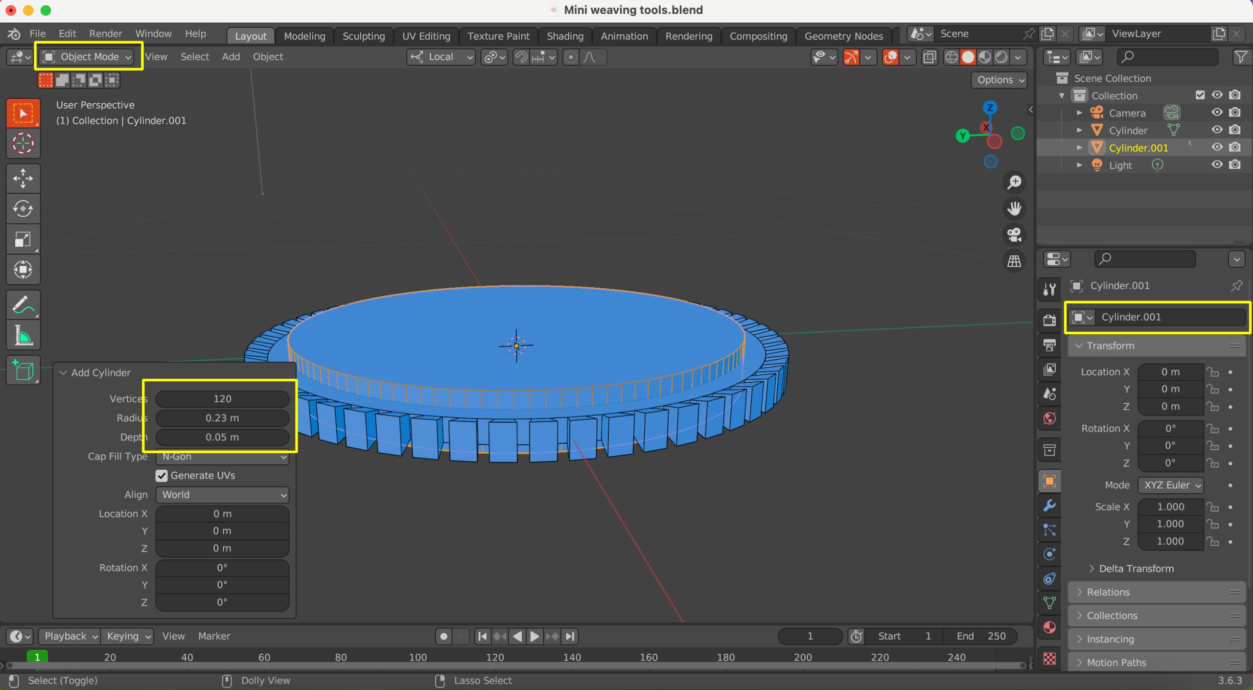 Screenshot in Blender of first gear-shaped object with a new, smaller, taller cylinder placed through its centre.