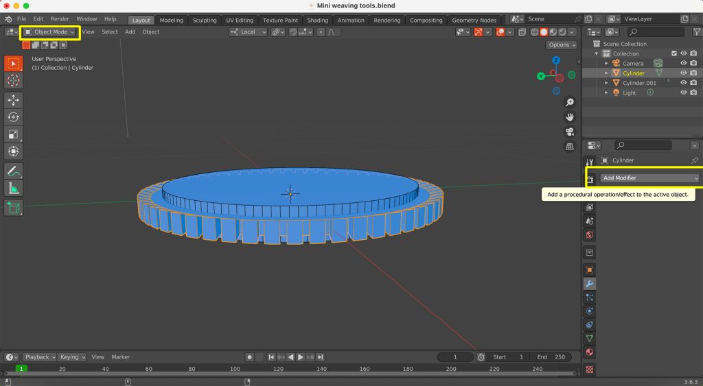 Screenshot in Blender of a selected large gear with the 'Add Modifier" menu open.