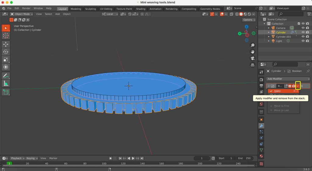 Screenshot in Blender of a gear after it has been altered with the 'Boolean' modifier.