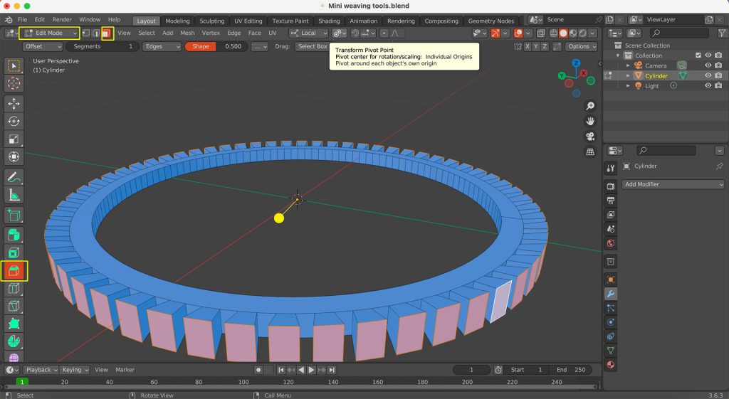Screenshot in Blender of gear's selected outer faces with the Bevel tool in use.