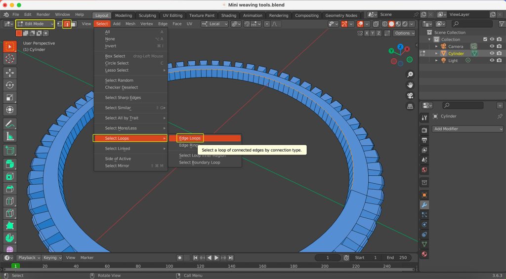 Screenshot in Blender of the object's selected inner edge loop.