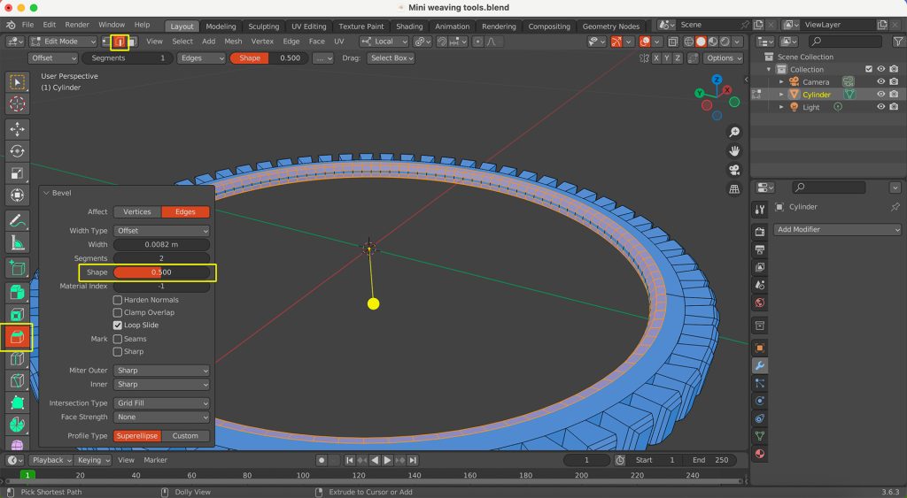 Screenshot in Blender of Bevel tool being applied to the inner edge loop to adjust shape parameters.