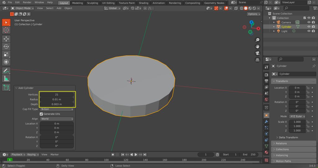 Screenshot in Blender of a new cylinder being created.