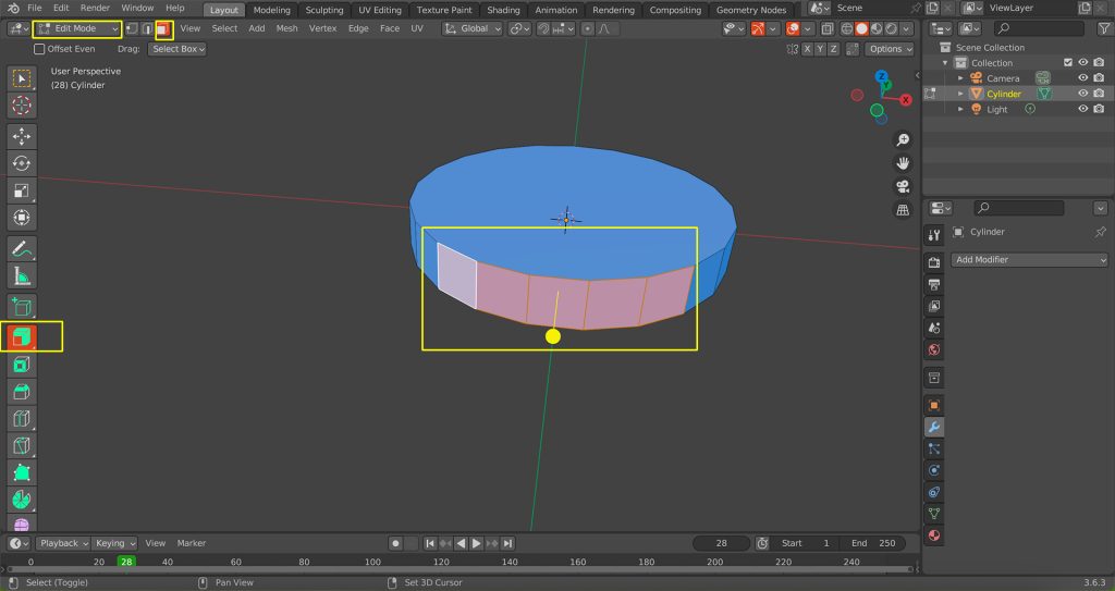 Screenshot in Blender of the object being selected in 'Edit' mode.