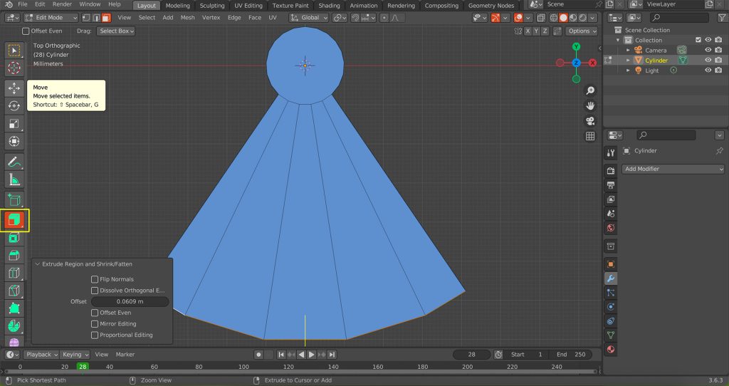 Screenshot in Blender of an cone-like object.