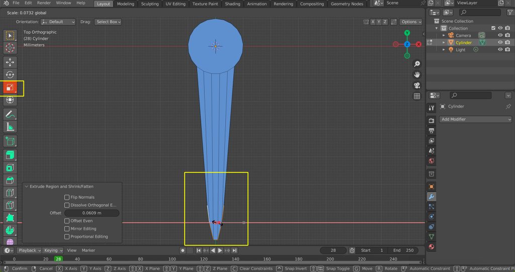 Screenshot in Blender of a needle-shaped object.