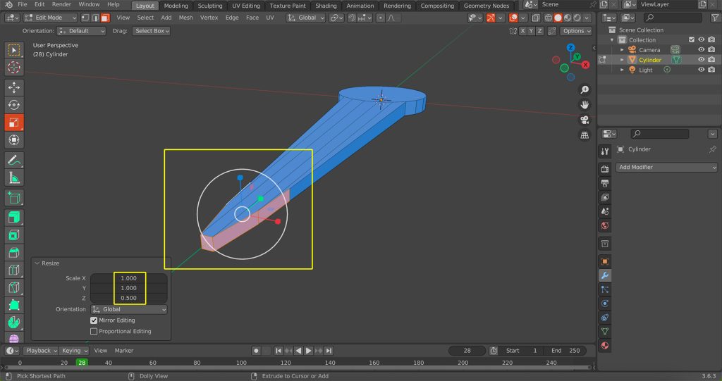 Screenshot in Blender of a needle-shaped object being flattened.