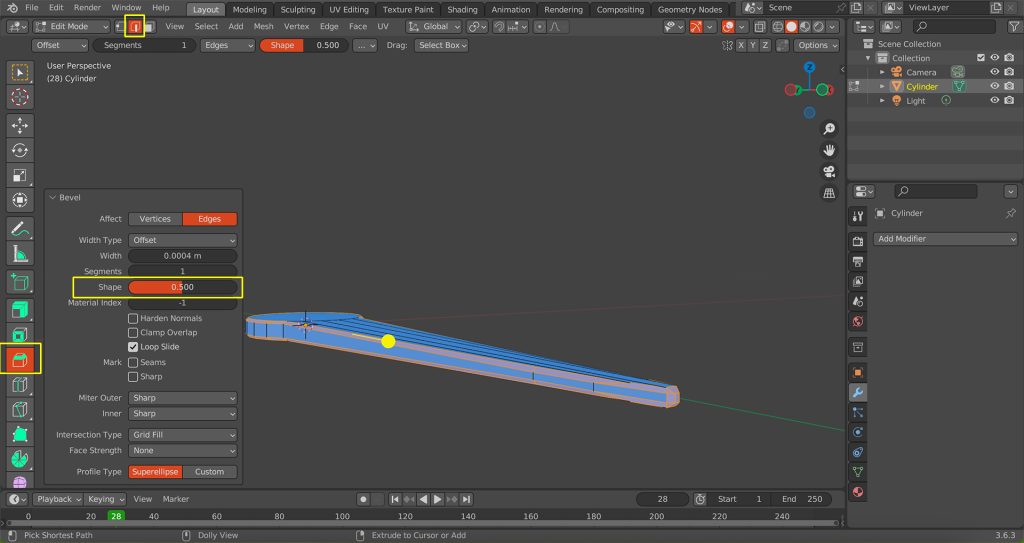 Screenshot in Blender of the Bevel tool being applied to the object.