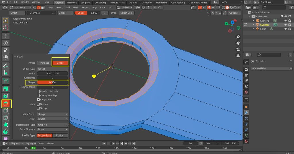 Screenshot in Blender of the selected inner edge loop of the needle eye with a bevel being applied for smoothing.