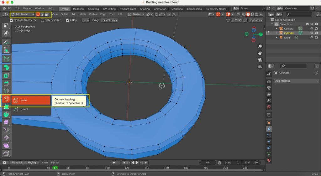 Screenshot in Blender of the needle-shaped object being edited further.