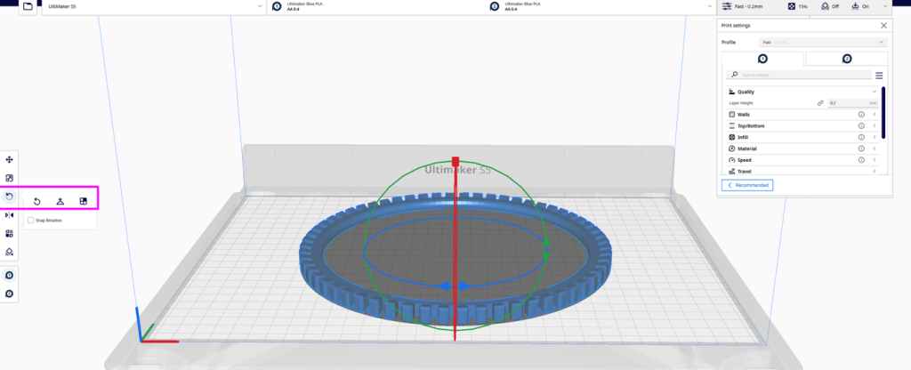 Screenshot in Ultimaker Cura of the model being rotated to lie flat on the plane.