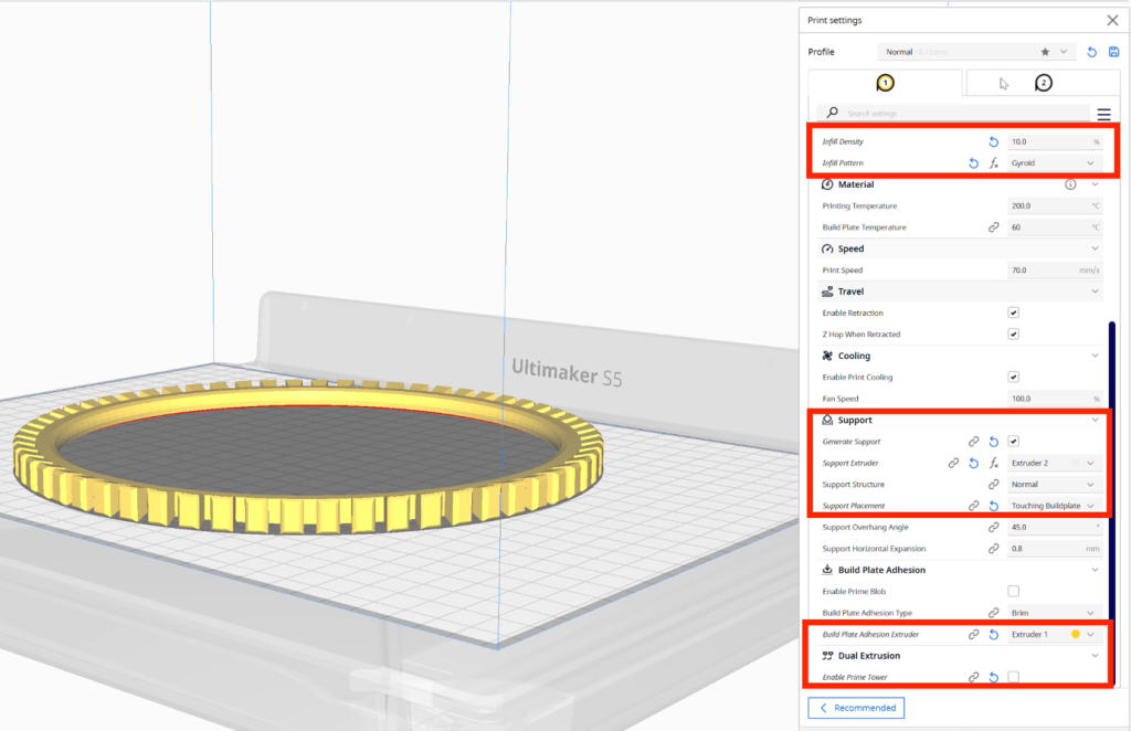 Screenshot in Ultimaker Cura of the open Print settings menu.