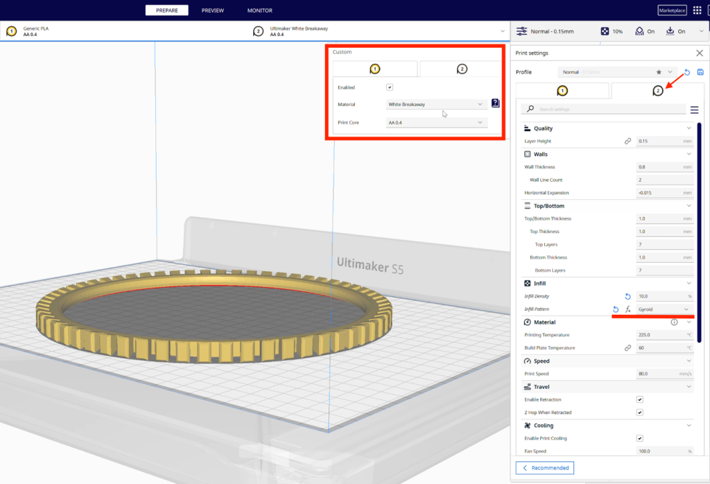 Screenshot in Ultimaker Cura of the Print settings being modified.