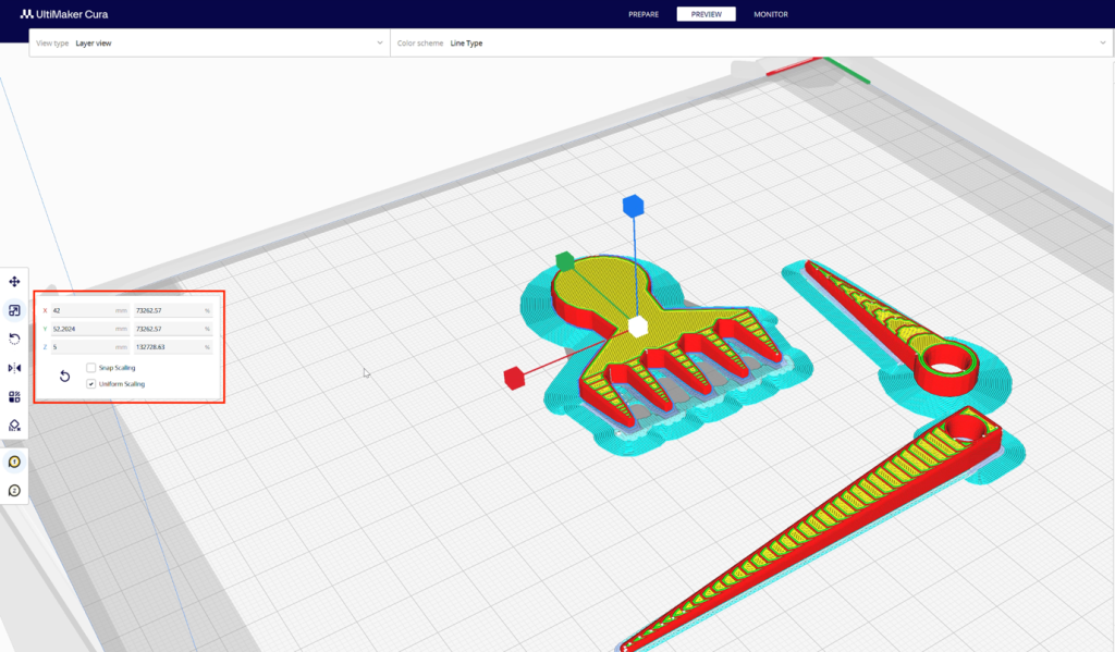 Screenshot in Ultimaker Cura of resizing the weaving tool objects.