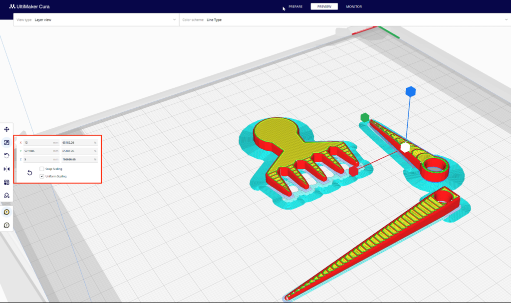 Screenshot in Ultimaker Cura of imported objects being resized.