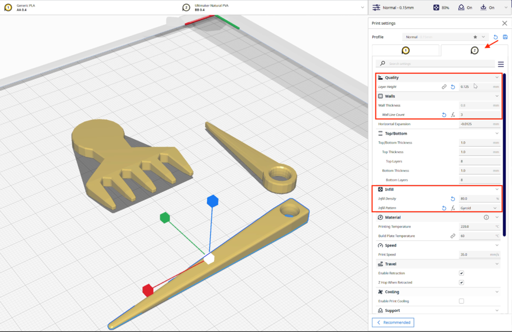 Screenshot in Ultimaker Cura of Print setting's modified Support section.