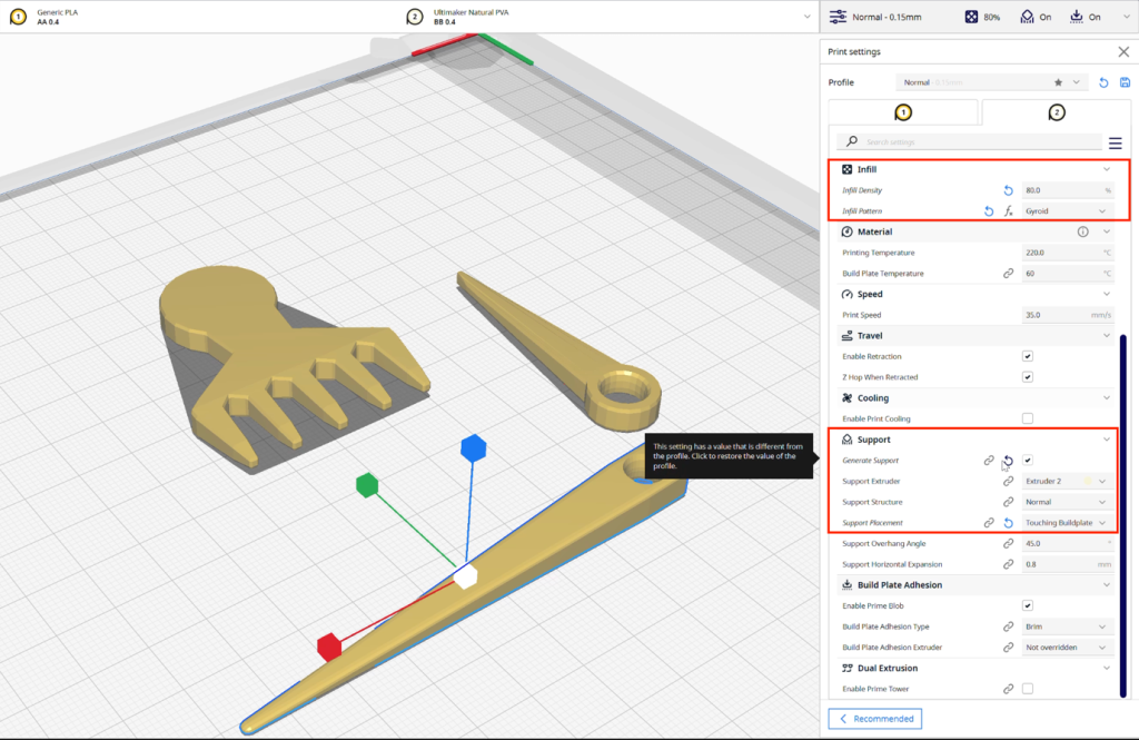 Screenshot in Ultimaker Cura of modified settings in Print's Support section.