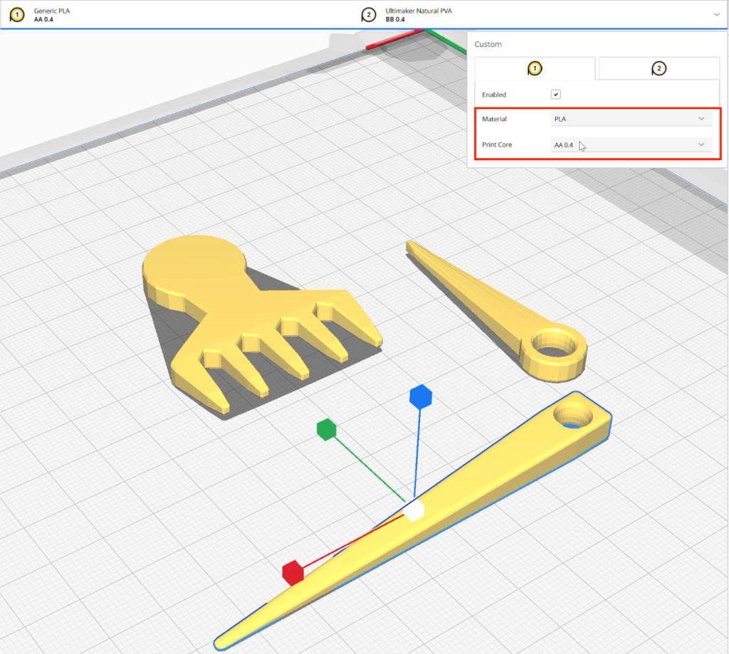 Screenshot in Ultimaker Cura of modified knitting needles and weaving comb.