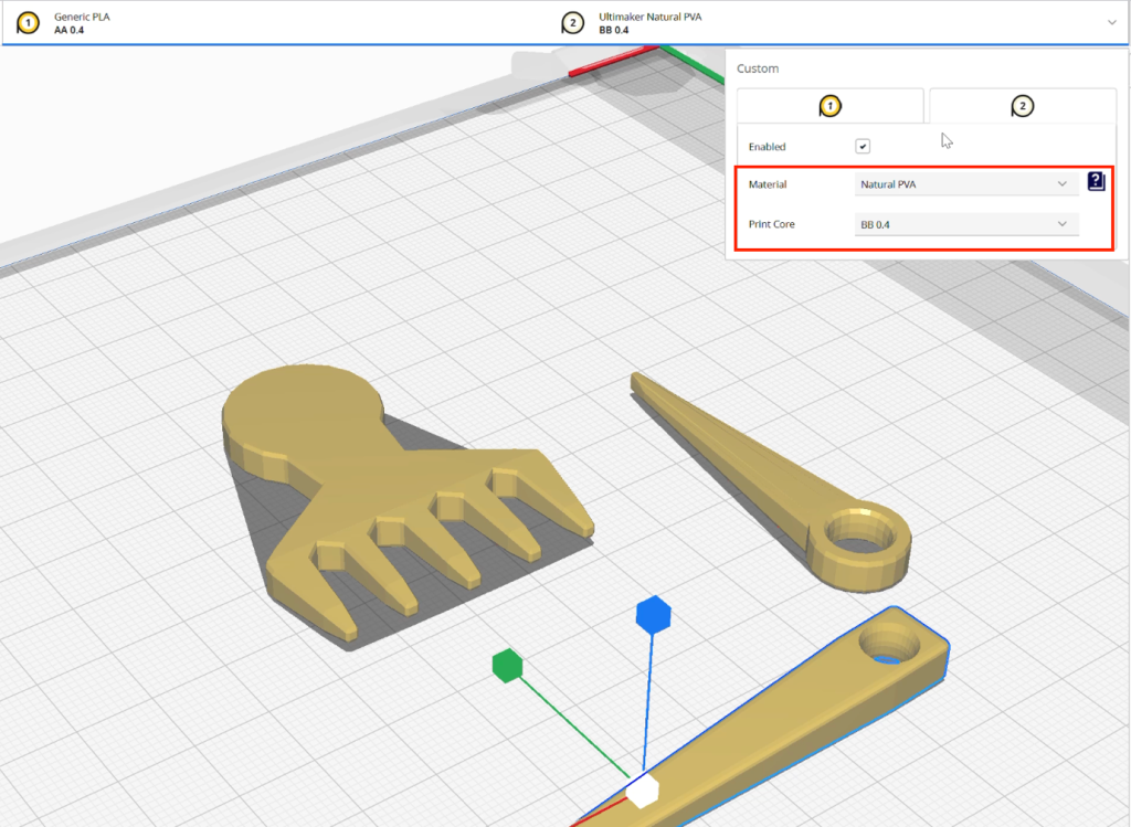 Screenshot in Ultimake Cura of modified knitting needles and weaving comb with open Support section.